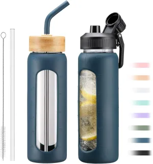 Glass Water Bottle with Straw, 24oz Glass Drinking Bottle with 2 Lids-Bamboo and Spout Lid with Phone Holder for Gym Sports,with Silicone Sleeve and Time Marker,Wide Mouth, BPA Free,Blue