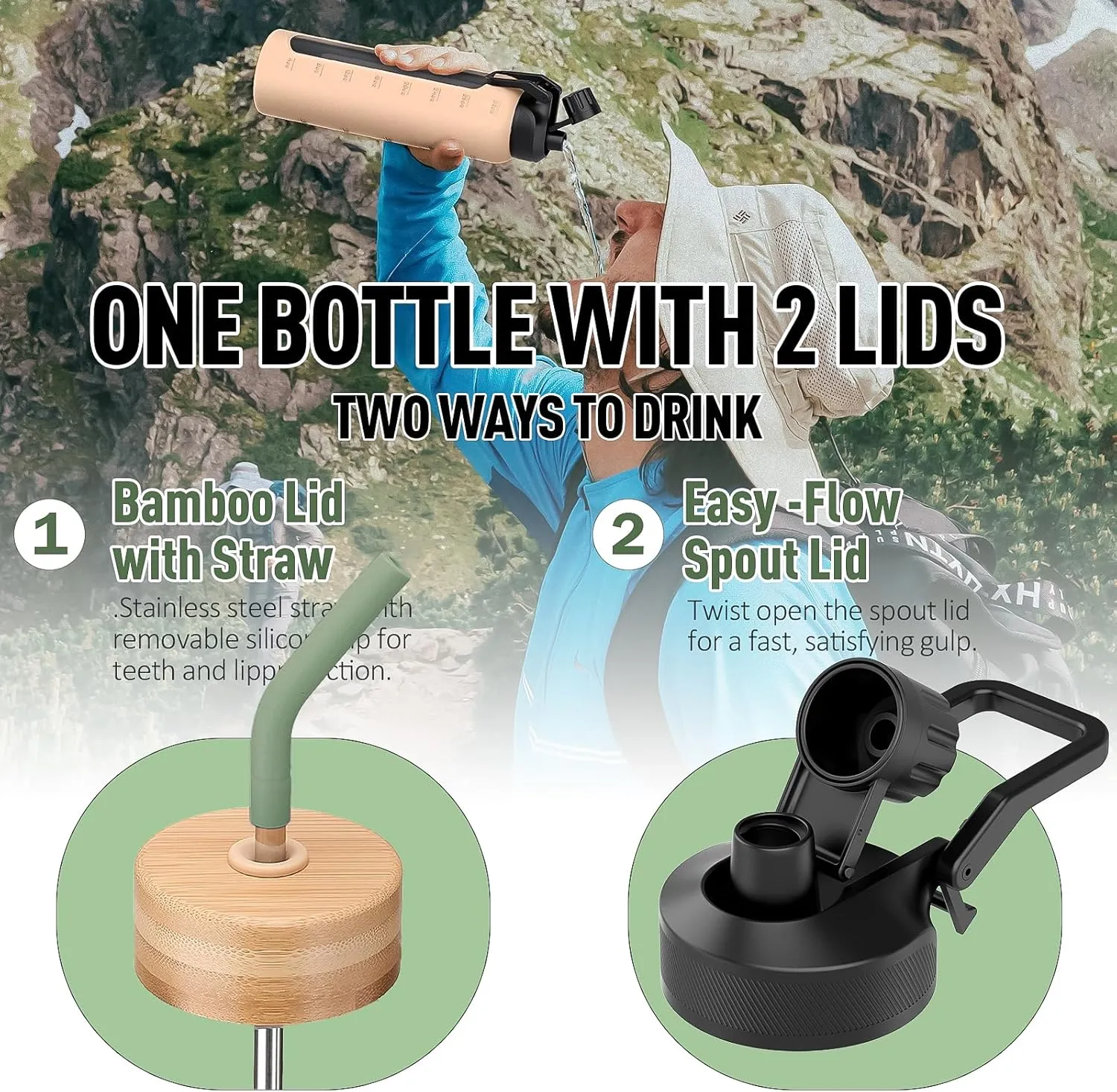 Glass Water Bottle with Straw, 24oz Glass Drinking Bottle with 2 Lids-Bamboo and Spout Lid with Phone Holder for Gym Sports,with Silicone Sleeve and Time Marker,Wide Mouth, BPA Free,Olive