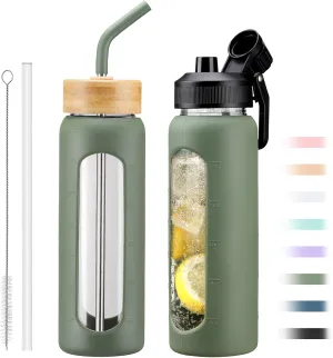 Glass Water Bottle with Straw, 24oz Glass Drinking Bottle with 2 Lids-Bamboo and Spout Lid with Phone Holder for Gym Sports,with Silicone Sleeve and Time Marker,Wide Mouth, BPA Free,Olive