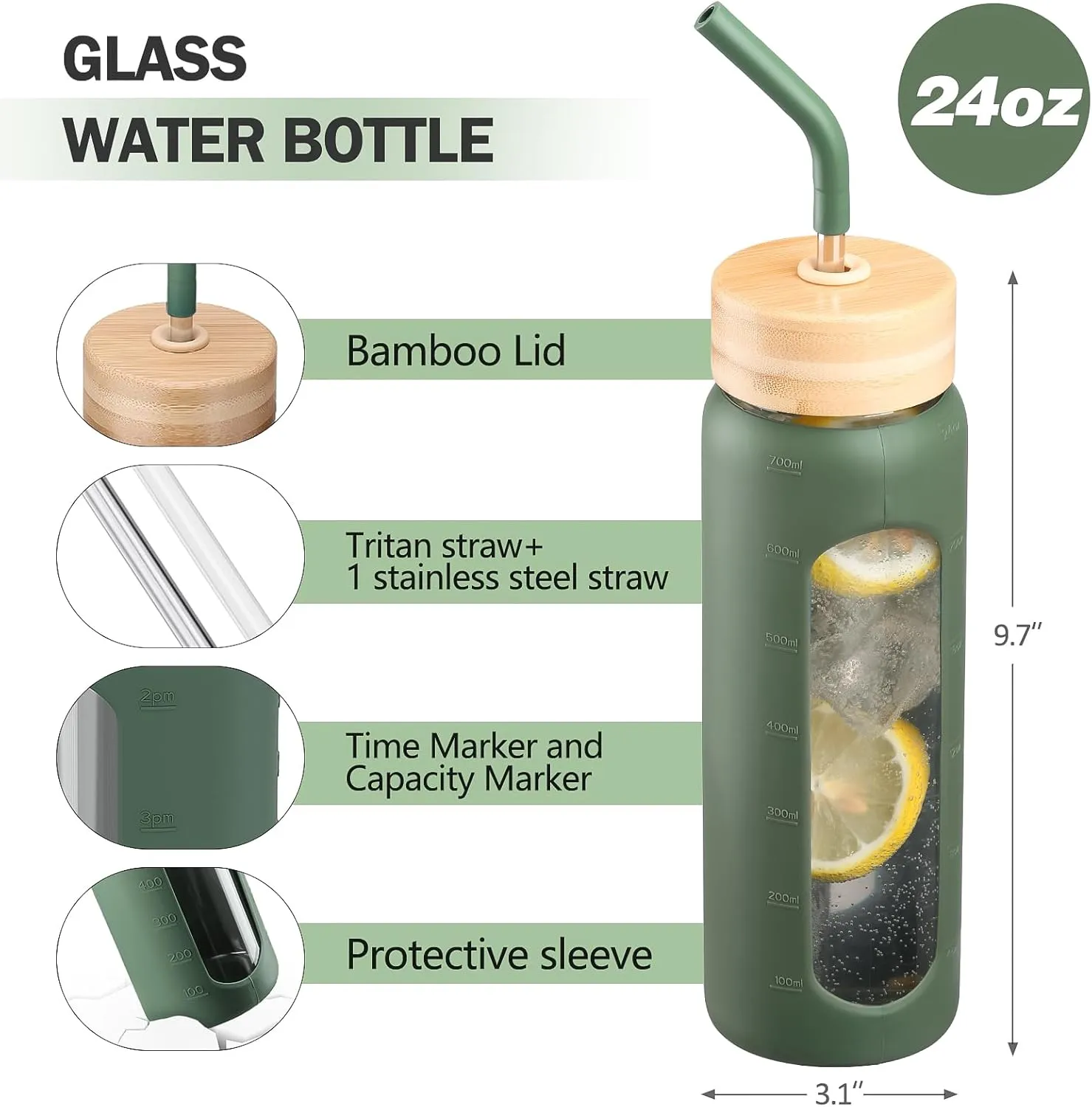 Glass Water Bottle with Straw, 24oz Glass Drinking Bottle with 2 Lids-Bamboo and Spout Lid with Phone Holder for Gym Sports,with Silicone Sleeve and Time Marker,Wide Mouth, BPA Free,Olive