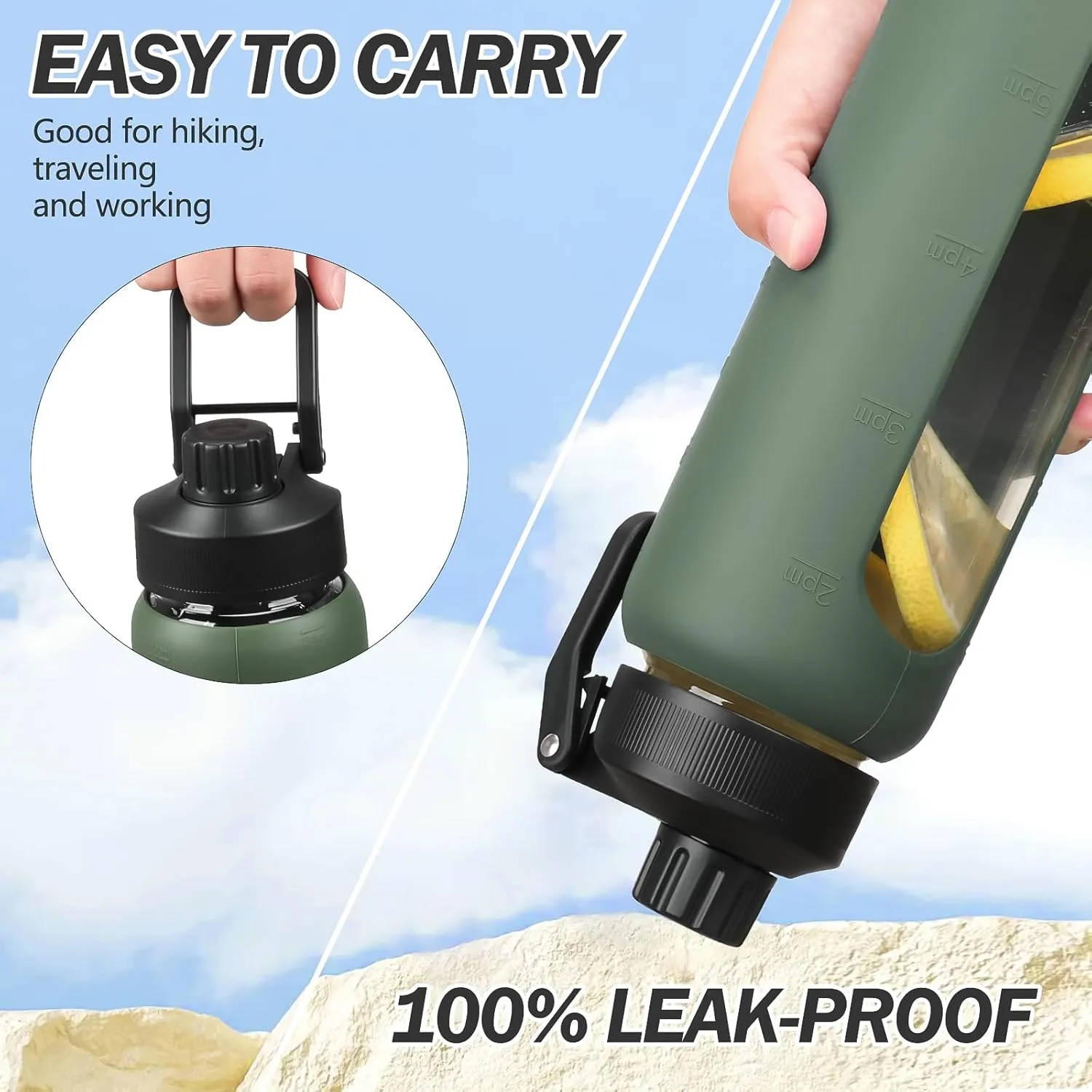 Glass Water Bottle with Straw, 24oz Glass Drinking Bottle with 2 Lids-Bamboo and Spout Lid with Phone Holder for Gym Sports,with Silicone Sleeve and Time Marker,Wide Mouth, BPA Free,Olive