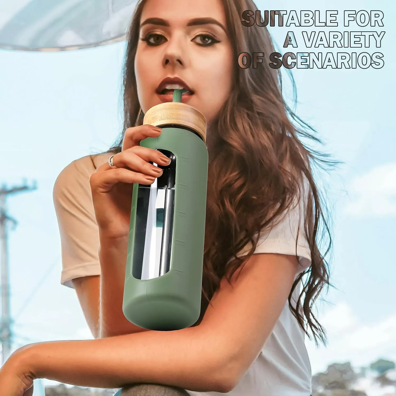 Glass Water Bottle with Straw, 24oz Glass Drinking Bottle with 2 Lids-Bamboo and Spout Lid with Phone Holder for Gym Sports,with Silicone Sleeve and Time Marker,Wide Mouth, BPA Free,Olive
