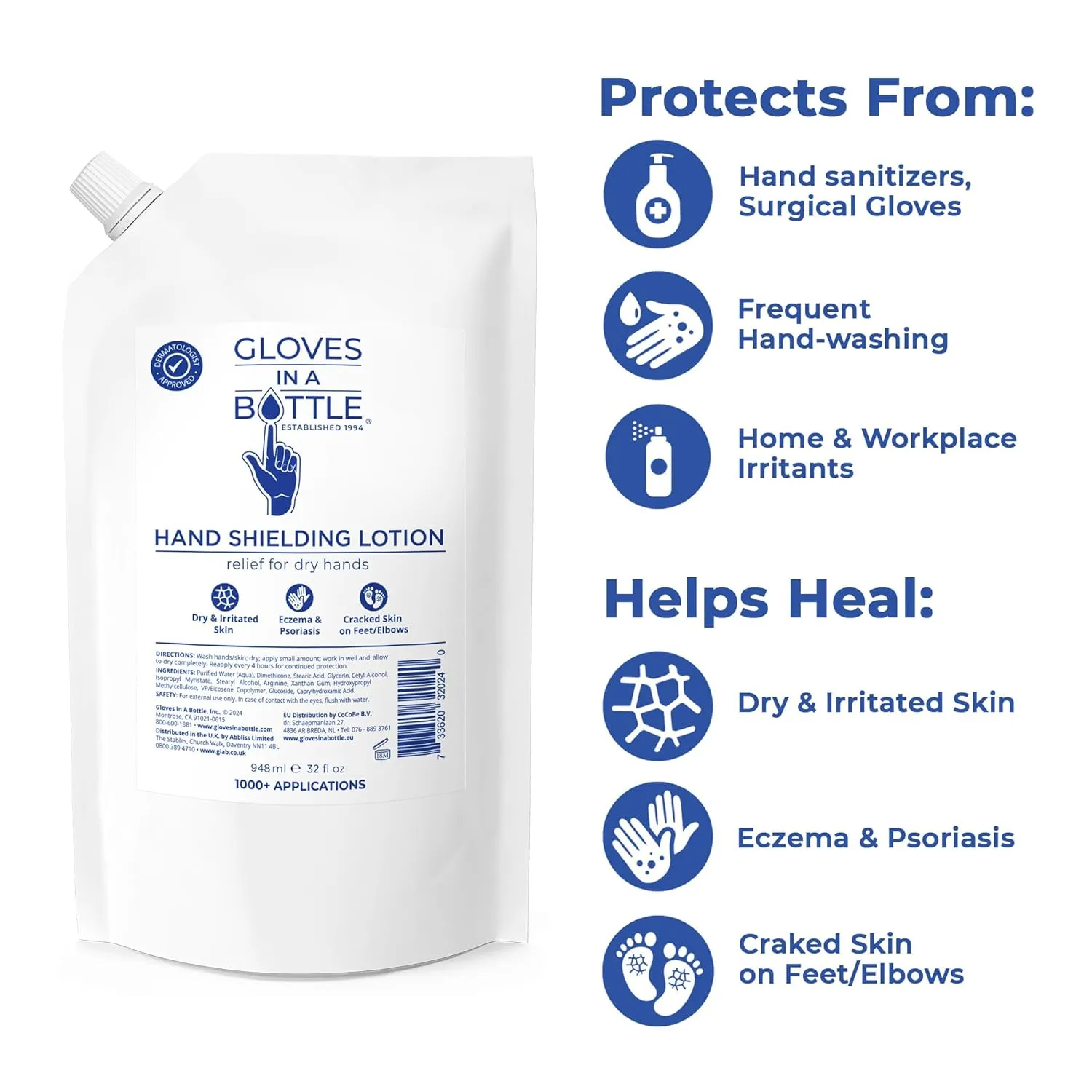 Gloves In A Bottle 32 oz Refill Pouch – Unscented Shielding Lotion | Fast Relief for Dry, Cracked Skin & Eczema | Non-Toxic, Hypoallergenic, Fragrance-Free Hand & Body Moisturizer – Bulk Size