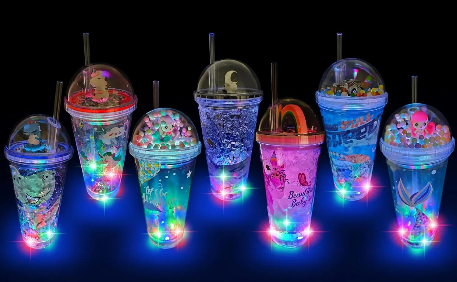 Glow Party Cups for Kids Light Up Tumbler Magic Cup with LED Glow in the Dark Water Drinking Bottle 16oz with Lid and Straw (Astronaut)