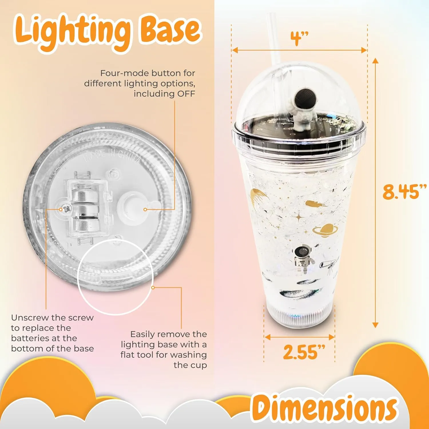 Glow Party Cups for Kids Light Up Tumbler Magic Cup with LED Glow in the Dark Water Drinking Bottle 16oz with Lid and Straw (Astronaut)