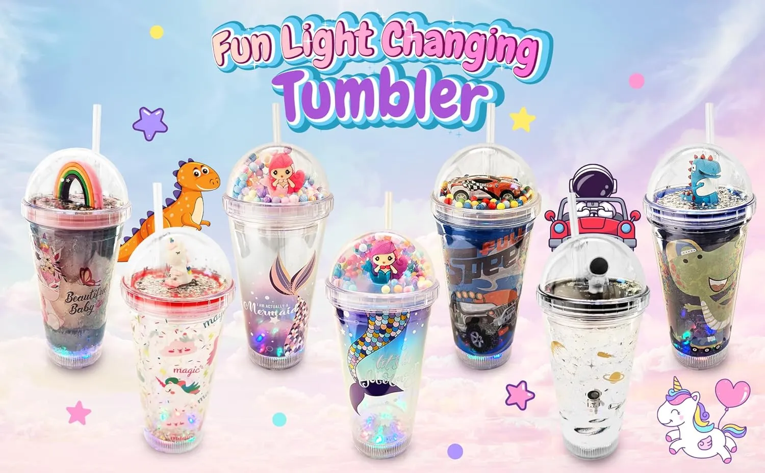 Glow Party Cups for Kids Light Up Tumbler Magic Cup with LED Glow in the Dark Water Drinking Bottle 16oz with Lid and Straw (Astronaut)