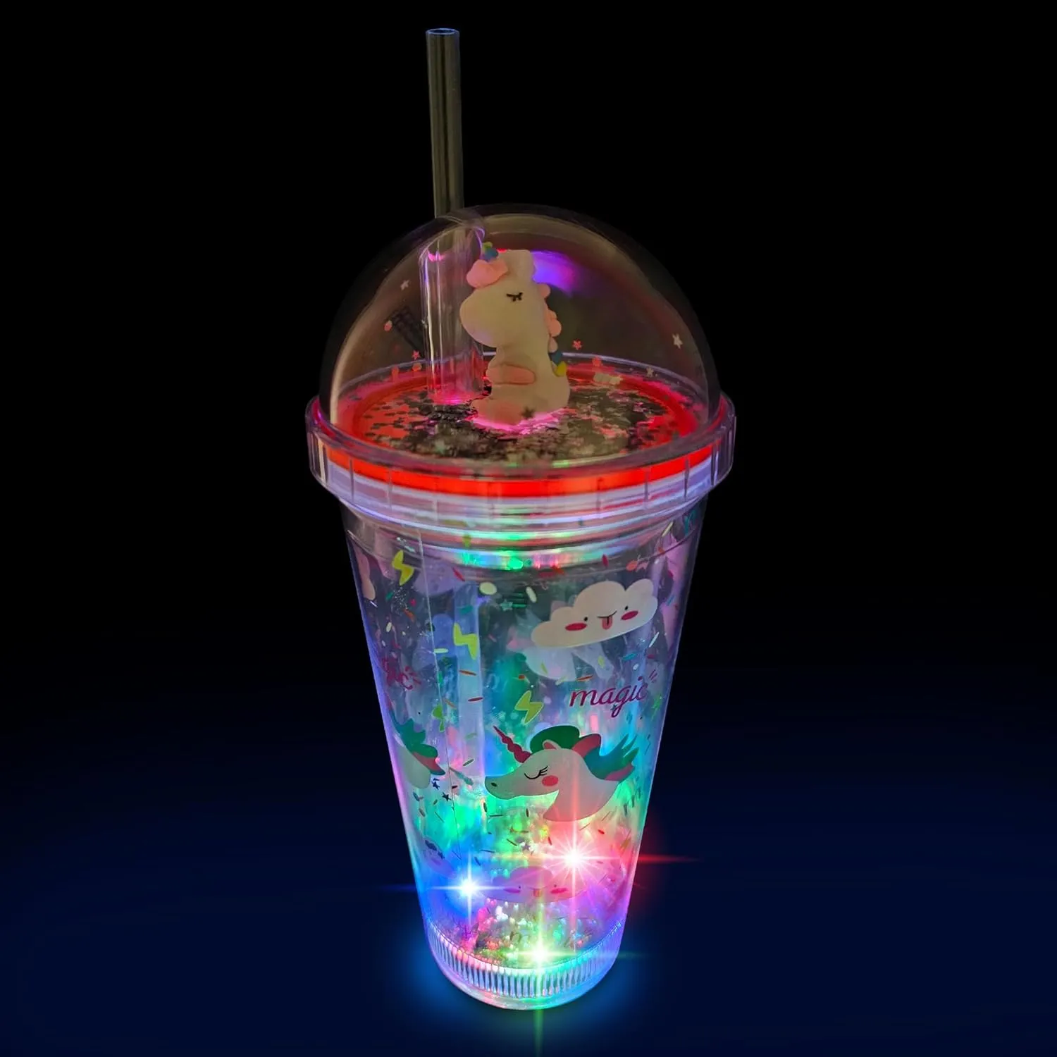 Glow Party Cups for Kids Light Up Tumbler Magic Cup with LED Glow in the Dark Water Drinking Bottle 16oz with Lid and Straw (Pink Unicorn)