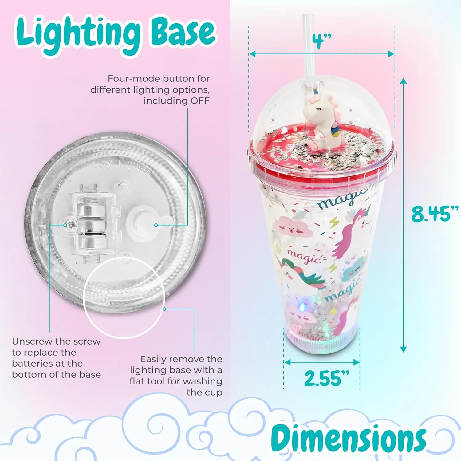 Glow Party Cups for Kids Light Up Tumbler Magic Cup with LED Glow in the Dark Water Drinking Bottle 16oz with Lid and Straw (Pink Unicorn)
