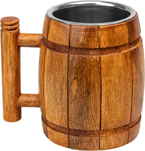 GoCraft Wooden Beer Mug with Stainless Steel Cup – 18oz Handmade Beer Stein Tankard – Rustic Barrel Style Beer Mug for Men – Vintage Pub Mug & Bar Accessories – Great Gift Idea