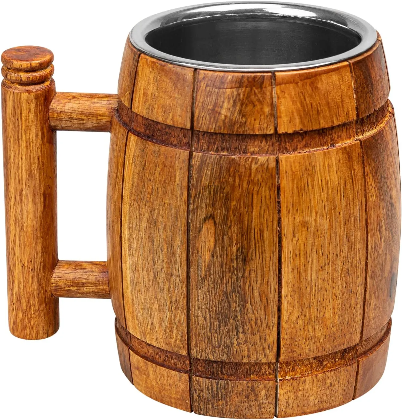 GoCraft Wooden Beer Mug with Stainless Steel Cup – 18oz Handmade Beer Stein Tankard – Rustic Barrel Style Beer Mug for Men – Vintage Pub Mug & Bar Accessories – Great Gift Idea