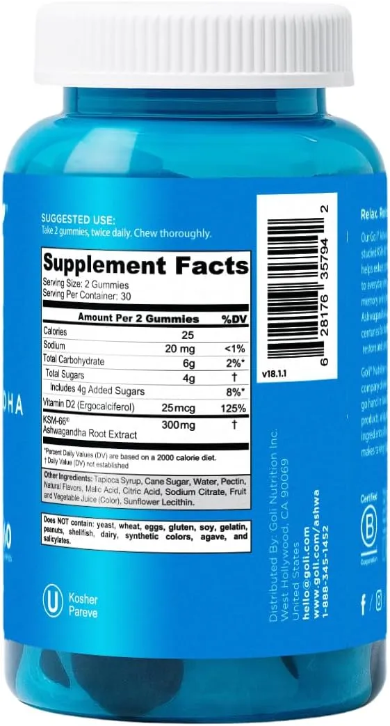 Goli Ashwagandha & Vitamin D Gummy 120 Count - Relax. Restore. Unwind. (Mixed Berry, KSM-66, Vegan, Plant Based, Non-GMO, Gluten-Free & Gelatin Free), Pack of 2