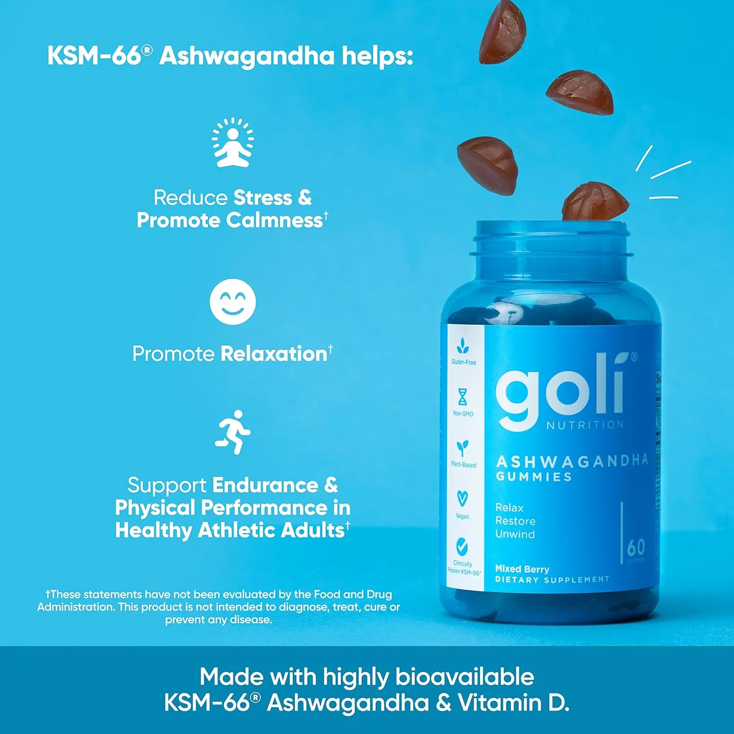 Goli Ashwagandha & Vitamin D Gummy 120 Count - Relax. Restore. Unwind. (Mixed Berry, KSM-66, Vegan, Plant Based, Non-GMO, Gluten-Free & Gelatin Free), Pack of 2