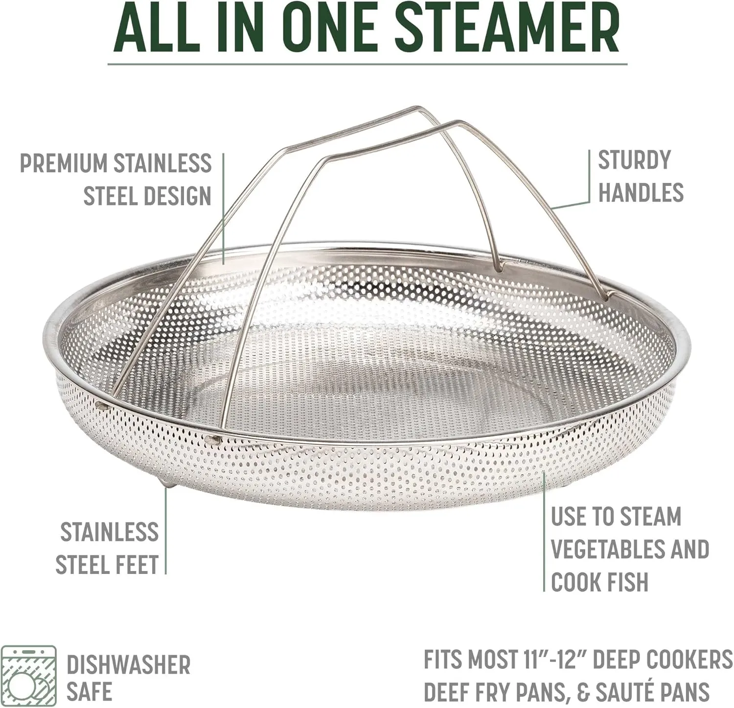 Goodful All-In-One Pan Steamer Basket, Premium Stainless Steel Construction, Dishwasher Safe, Perfect for Steaming Vegetables, Full Handle for Easy Use