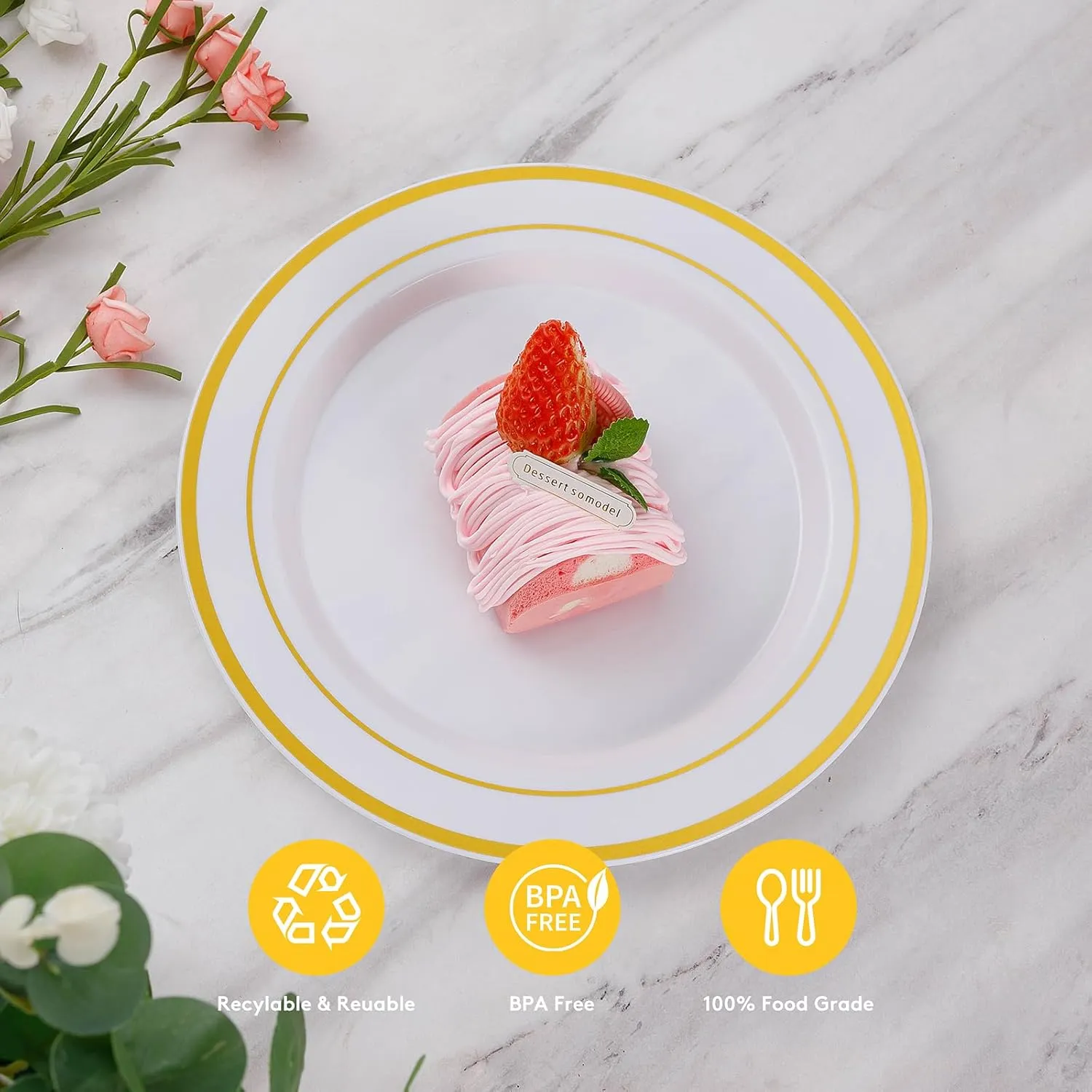 Goodluck 200PCS Gold Plastic Plates, Heavy Duty Disposable Gold Plates with 100 10.25 inch Dinner Plates and 100 7.5 inch Dessert Plates, Disposable Plates for Party, Holiday, Wedding, Thanksgiving