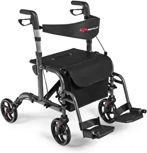 GOPLUS 2 in 1 Rollator Walkers for Seniors, Folding Rollator Walker with Seat, 8-inch Wheel Medical Drive Walker Wheelchair Combo with Backrest, Adjustable Handle for Adults, Aluminium Frame