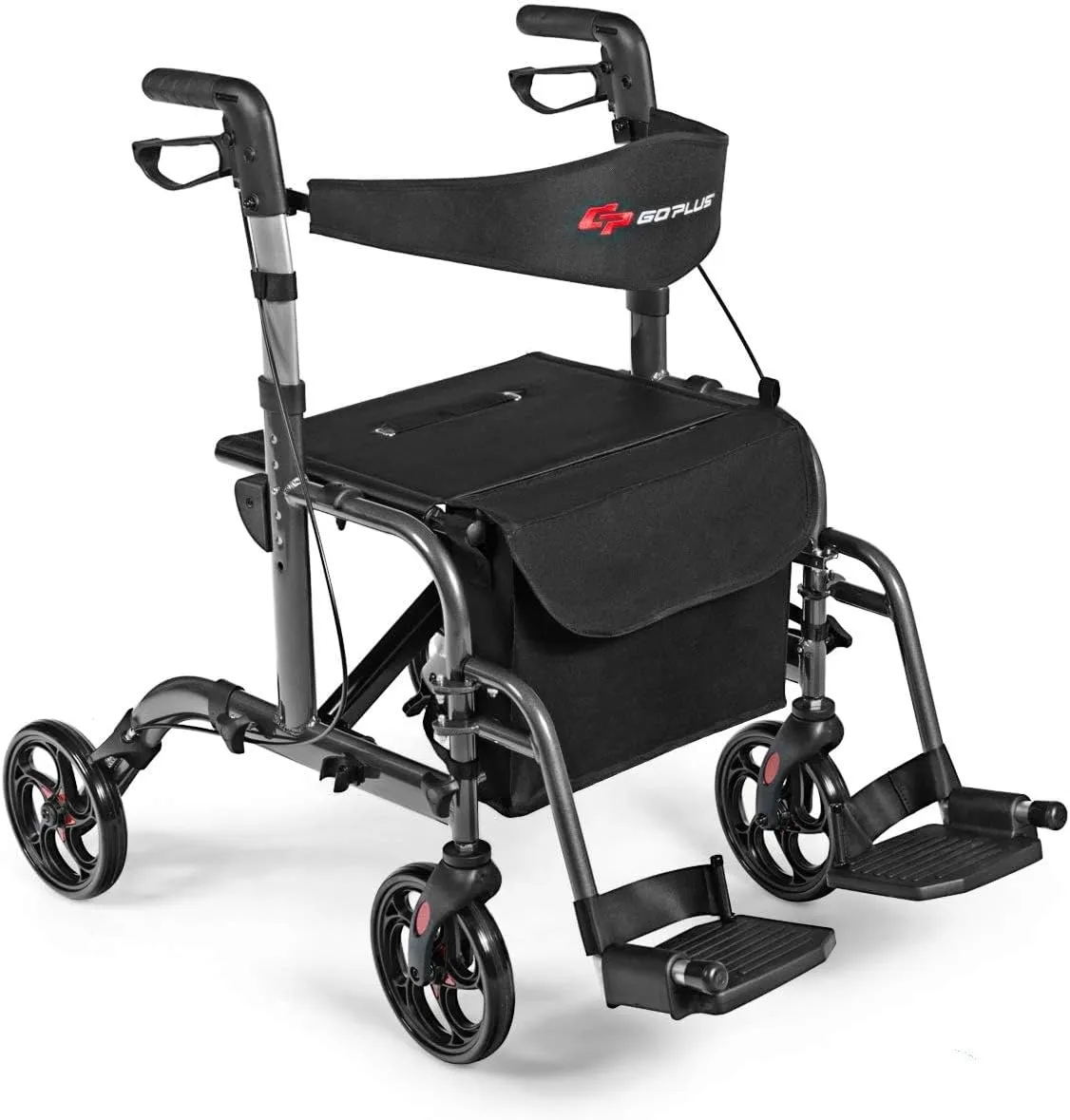 GOPLUS 2 in 1 Rollator Walkers for Seniors, Folding Rollator Walker with Seat, 8-inch Wheel Medical Drive Walker Wheelchair Combo with Backrest, Adjustable Handle for Adults, Aluminium Frame