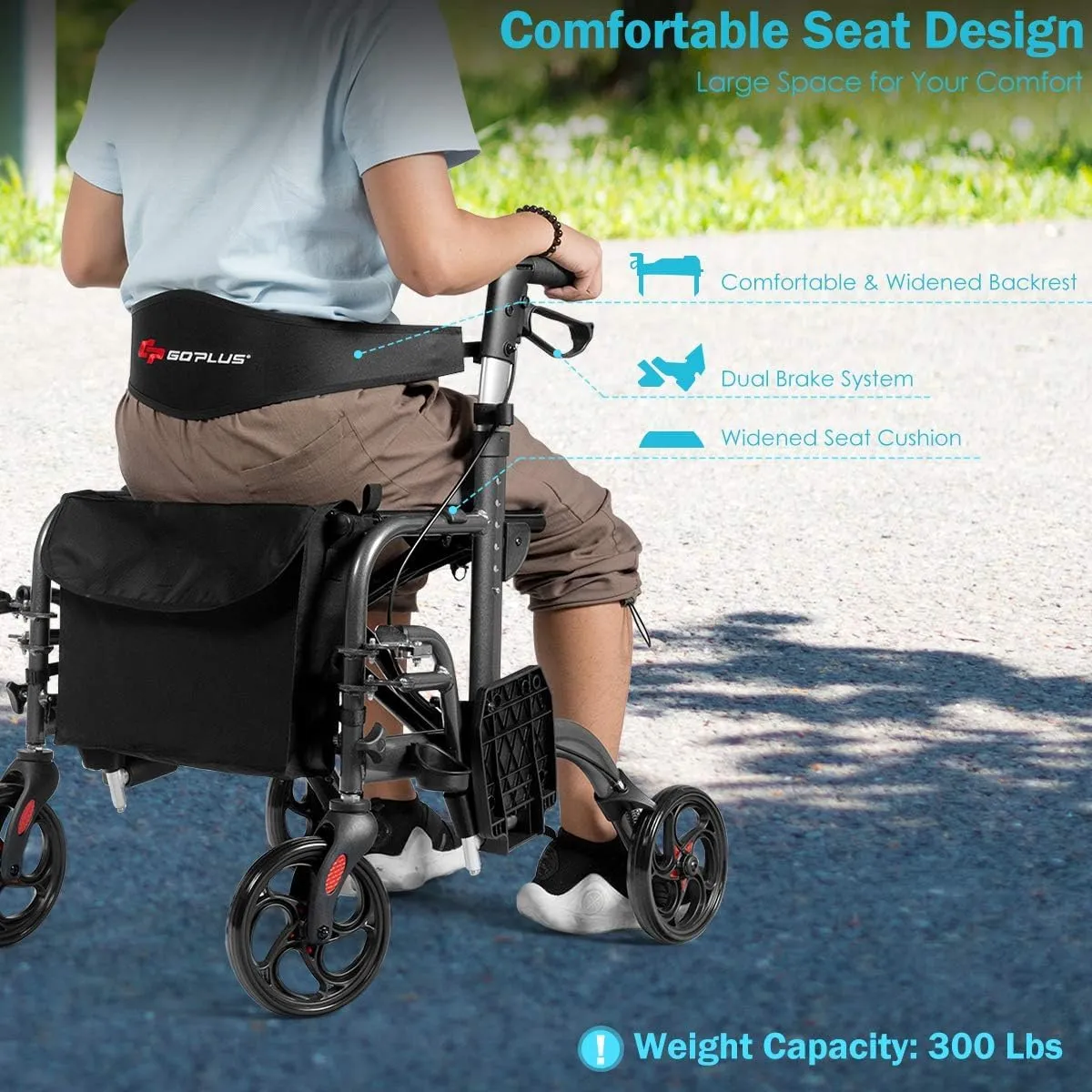 GOPLUS 2 in 1 Rollator Walkers for Seniors, Folding Rollator Walker with Seat, 8-inch Wheel Medical Drive Walker Wheelchair Combo with Backrest, Adjustable Handle for Adults, Aluminium Frame