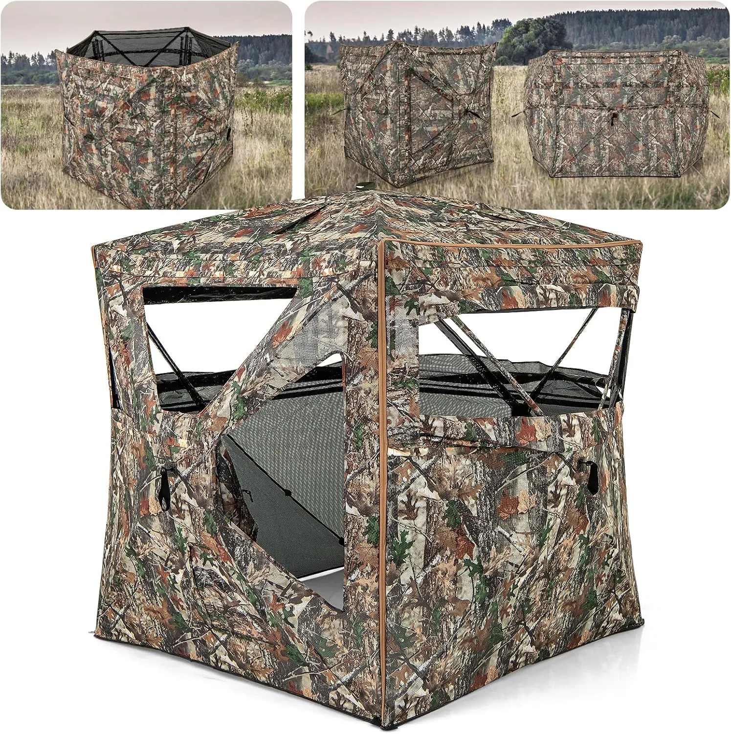 Goplus 3 in 1 Multifunctional Hunting Blind, 360° One-Way See-Through Hunting Tent w/Skylight, Roof Cover, Carrying Bag, 15 Ground Stakes & 8 Wind Ropes, 5-Sided Stakeout Camouflage Ground Blind
