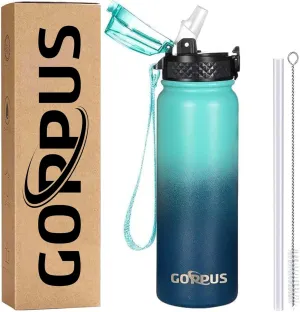 GOPPUS Kids Water Bottle with Straw Spout Wide Mouth Lid 20 oz Leak Proof Double Walled Metal Insulated Stainless Steel Water Bottles with Strap Handle Stickers for Boys Girls School(1 Lid)