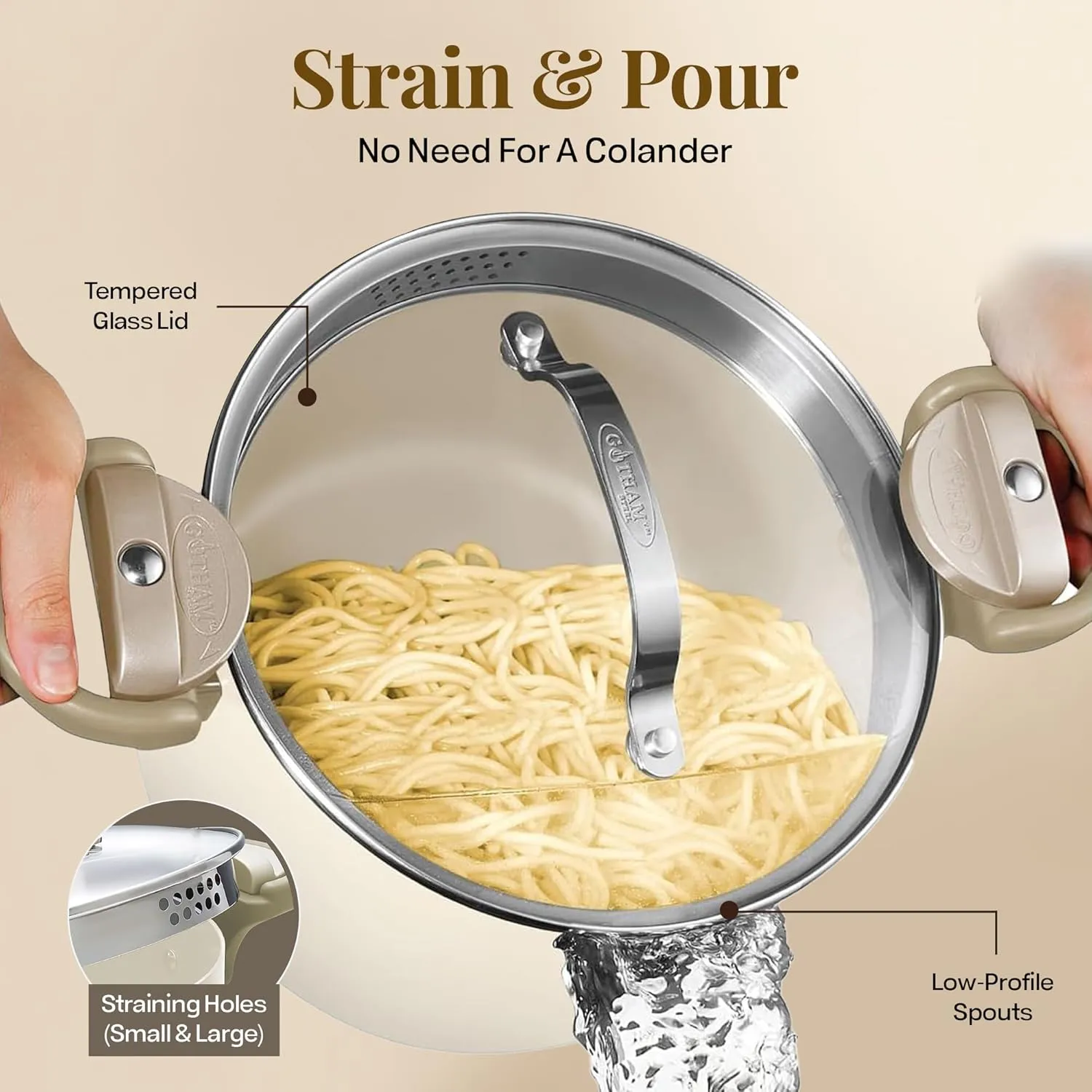 GOTHAM STEEL 5 Qt Ceramic Stock Pot Multipurpose Pasta Pot with Strainer Lid & Twist and Lock Handles, Nonstick Ceramic Pot for Soup, Spaghetti, Rice, Pots for Kitchen, Dishwasher Safe - Cream