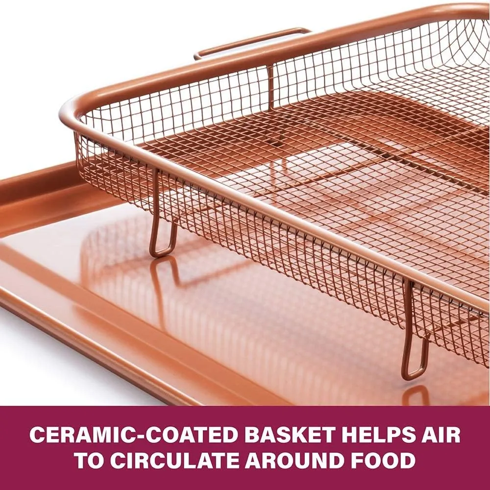 Gotham Steel Crisper Tray for Oven, 2 Piece, 13.4” x 11.4” & Crisper Tray for Oven, 2 Piece Nonstick Copper Crisper Tray & Basket, Air Fry in your Oven, Size 16.5” x 12.5”