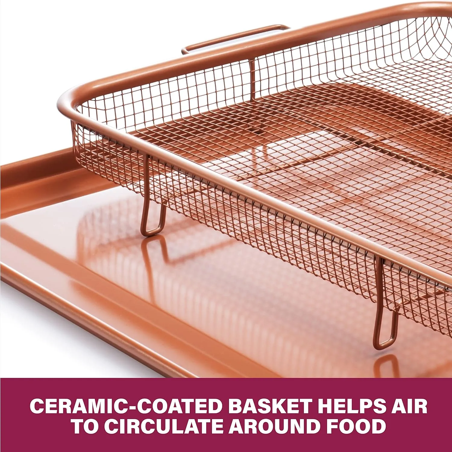 Gotham Steel Crisper Tray for Oven, 2 Piece, 13.4” x 11.4” & Crisper Tray for Oven, 2 Piece Nonstick Copper Crisper Tray & Basket, Air Fry in your Oven, Size 16.5” x 12.5”