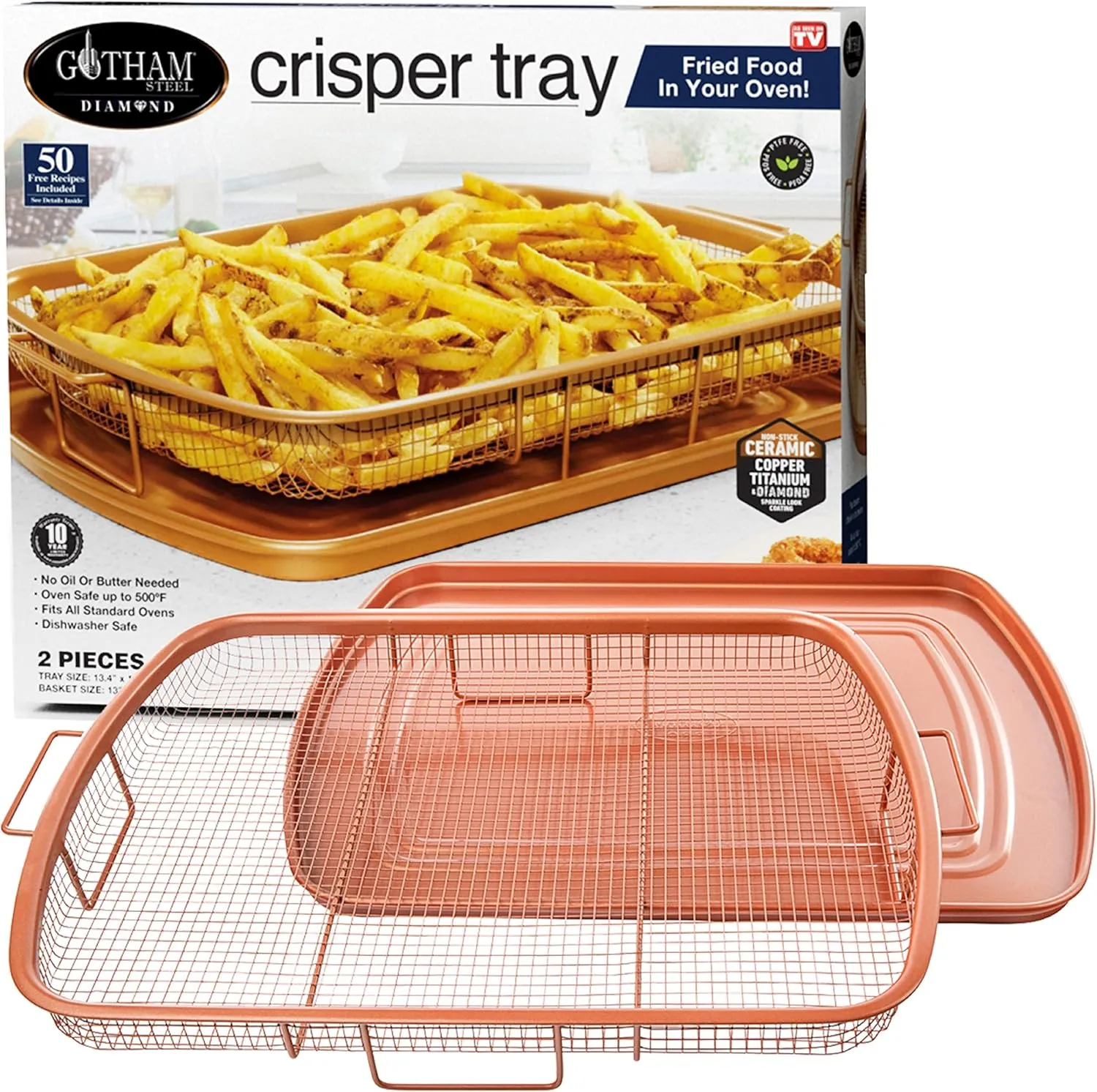 Gotham Steel Crisper Tray for Oven, 2 Piece, 13.4” x 11.4” & Crisper Tray for Oven, 2 Piece Nonstick Copper Crisper Tray & Basket, Air Fry in your Oven, Size 16.5” x 12.5”