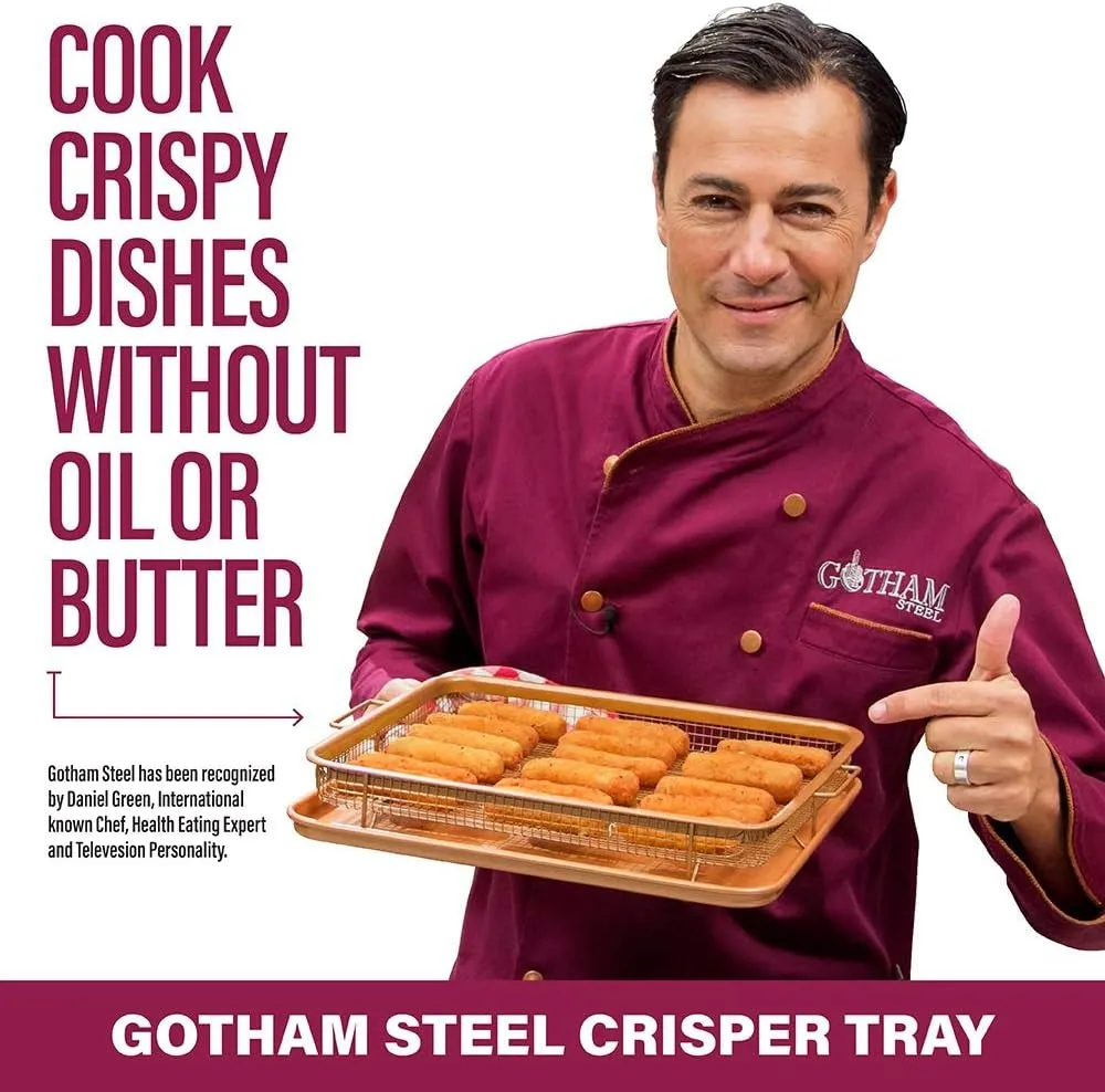 Gotham Steel Crisper Tray for Oven, 2 Piece, 13.4” x 11.4” & Crisper Tray for Oven, 2 Piece Nonstick Copper Crisper Tray & Basket, Air Fry in your Oven, Size 16.5” x 12.5”