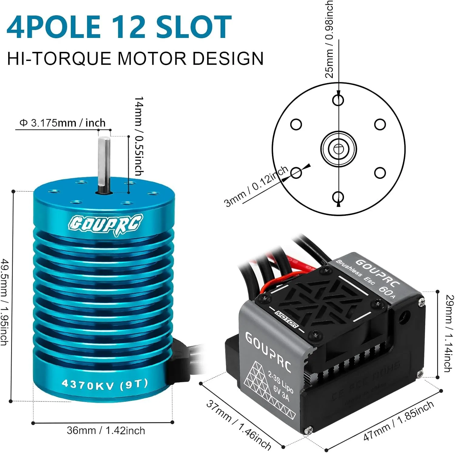 GOUPRC S3650 9T 4370KV Brushless Motor 3.175mm Shaft with Upgrade 60A ESC Electric Speed Controller Combo Set for 1/10 RC Car Truck