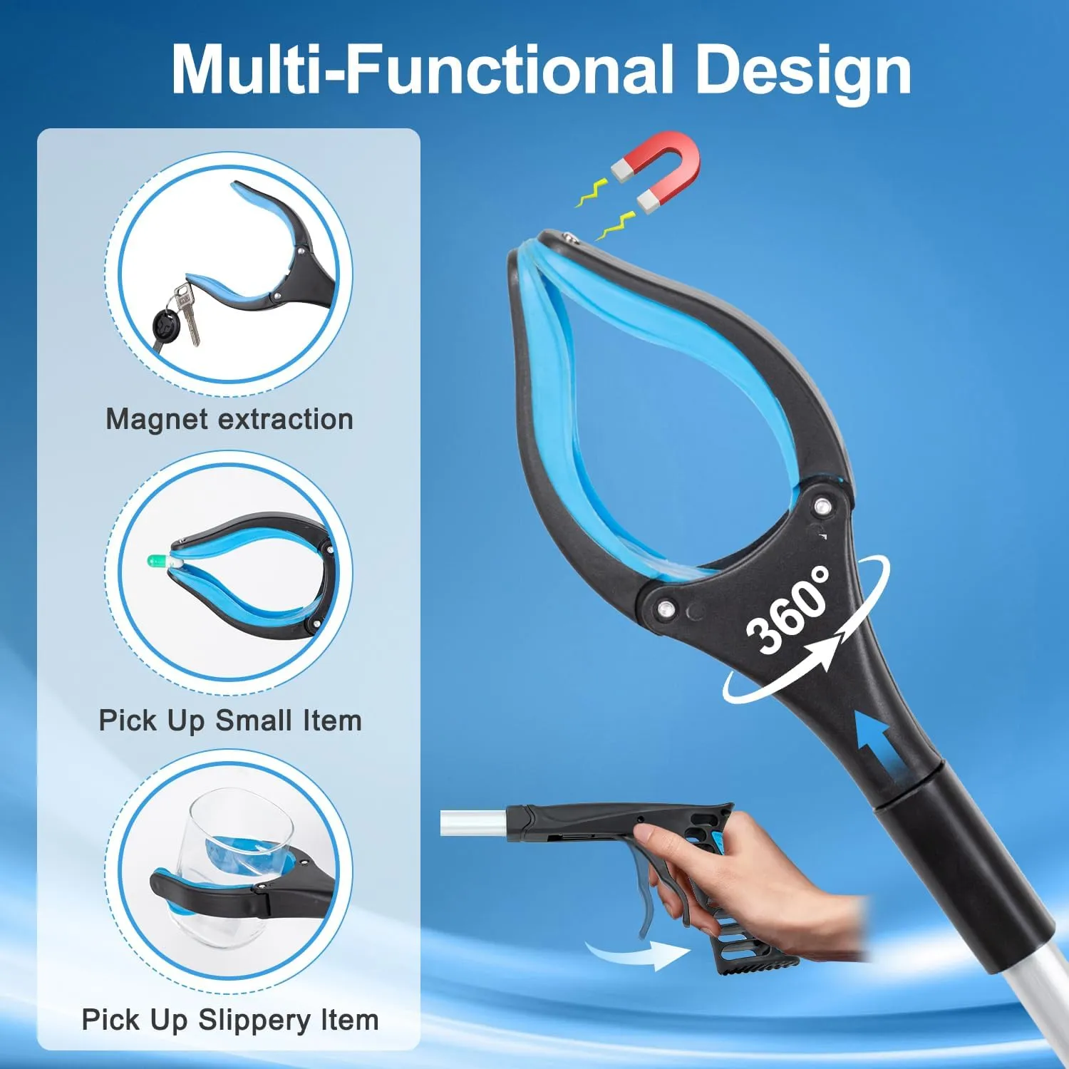 Grabber Reacher Tool - 32” Extra Long Foldable Gripper and Reaching Tool - Heavy Duty Pick Up Stick Grabbers for Seniors, Trash, Surgery Recovery Must Haves Gifts (Blue-2pc)