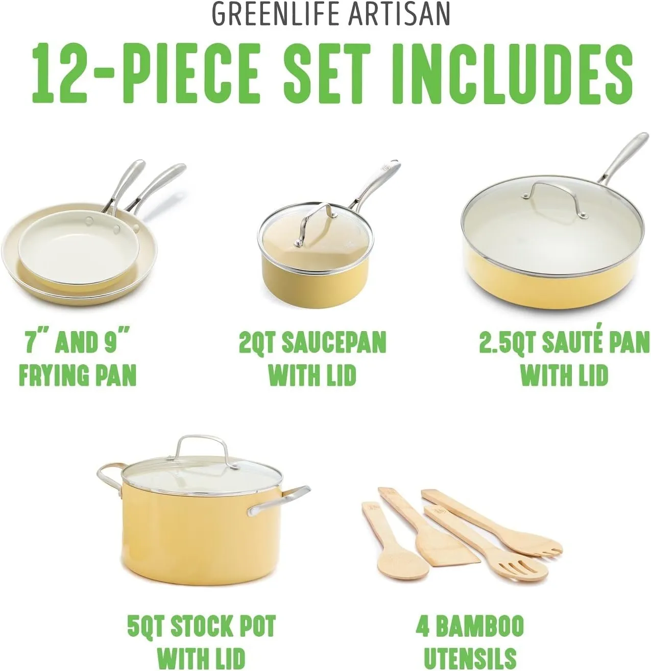 GreenLife Artisan Healthy Ceramic Nonstick, 12 Piece Cookware Pots and Pans Set, Stainless Steel Handle, PFAS-Free, Dishwasher Safe, Oven Safe, Yellow