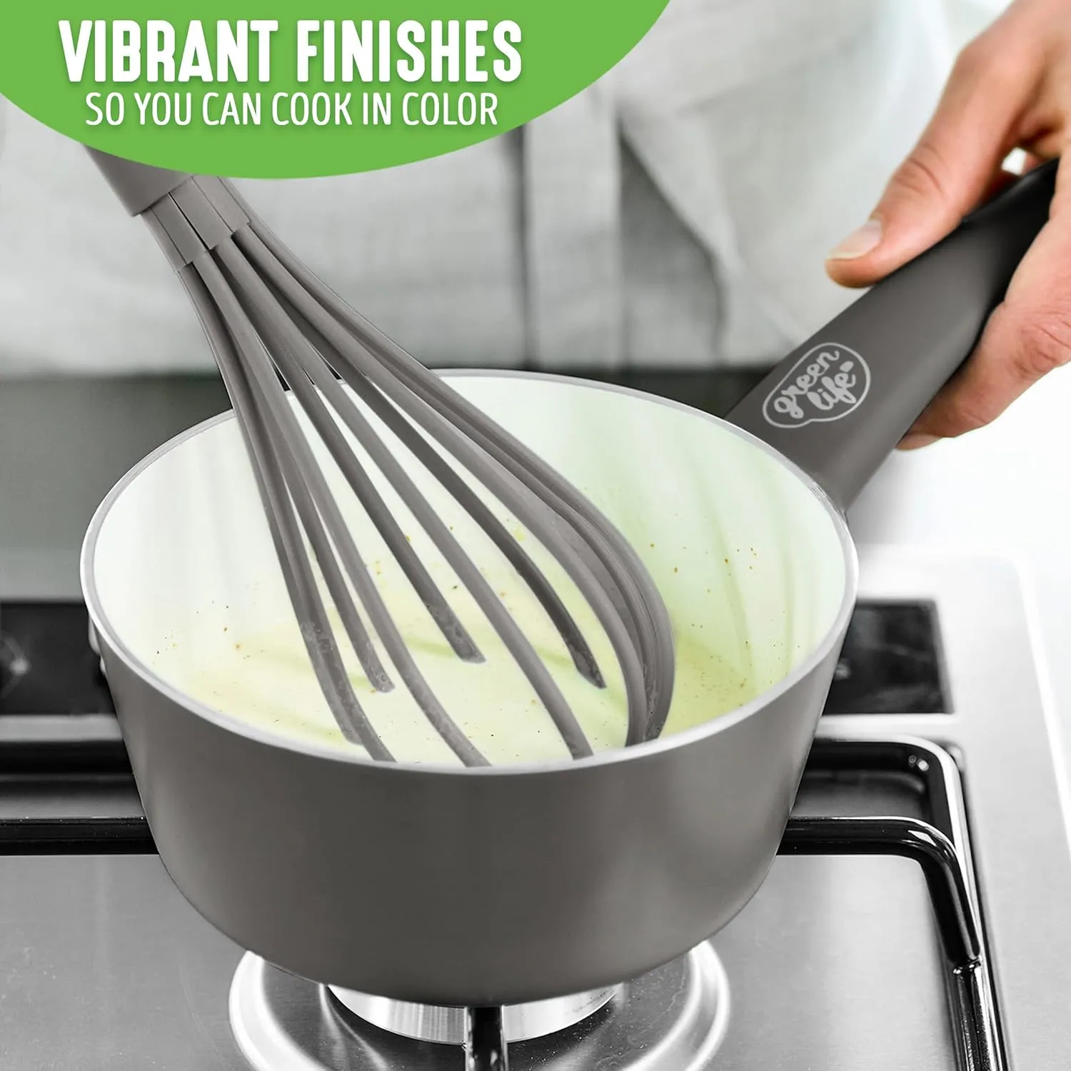 GreenLife Soft Grip 1QT and 2QT Saucepan Set, Non-Toxic PFAS-Free Ceramic Nonstick, Glass Lids, Stay Cool Handles, Wobble Free Base, Dishwasher & Oven Safe, Easy Clean, Multipurpose, Gray