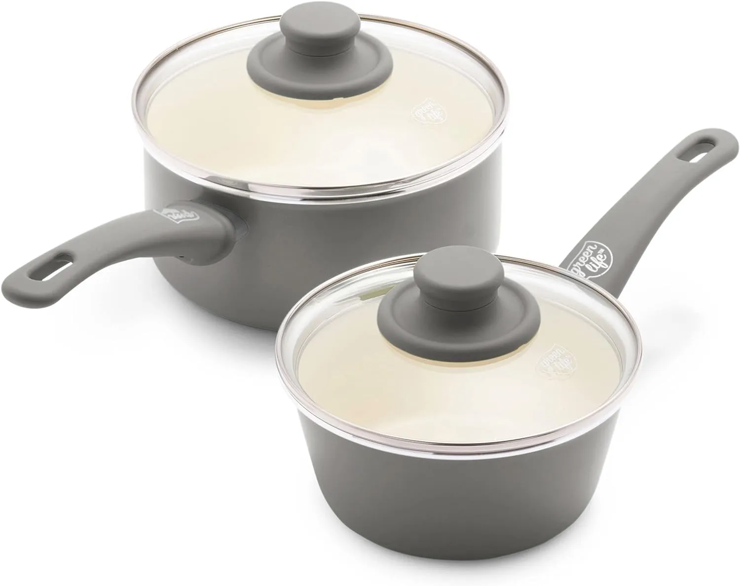 GreenLife Soft Grip 1QT and 2QT Saucepan Set, Non-Toxic PFAS-Free Ceramic Nonstick, Glass Lids, Stay Cool Handles, Wobble Free Base, Dishwasher & Oven Safe, Easy Clean, Multipurpose, Gray