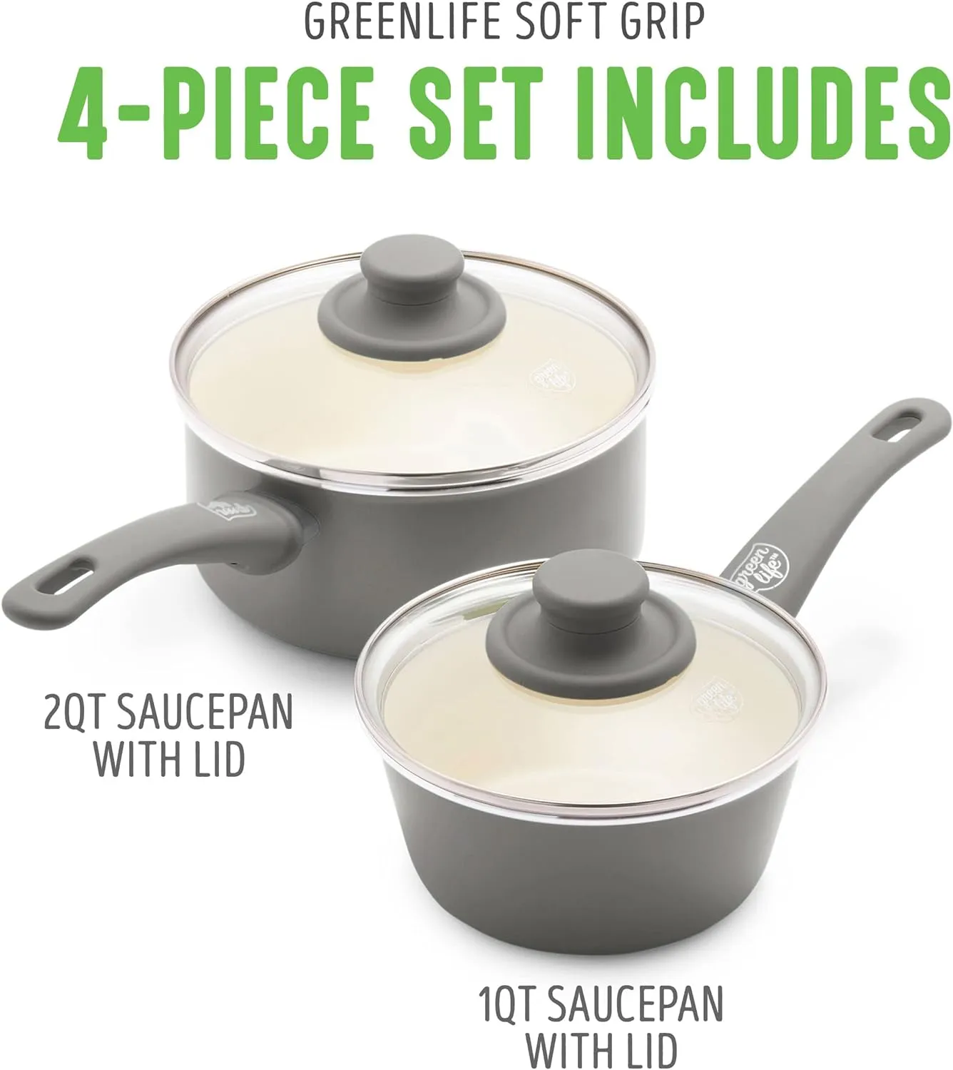 GreenLife Soft Grip 1QT and 2QT Saucepan Set, Non-Toxic PFAS-Free Ceramic Nonstick, Glass Lids, Stay Cool Handles, Wobble Free Base, Dishwasher & Oven Safe, Easy Clean, Multipurpose, Gray