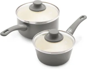 GreenLife Soft Grip 1QT and 2QT Saucepan Set, Non-Toxic PFAS-Free Ceramic Nonstick, Glass Lids, Stay Cool Handles, Wobble Free Base, Dishwasher & Oven Safe, Easy Clean, Multipurpose, Gray