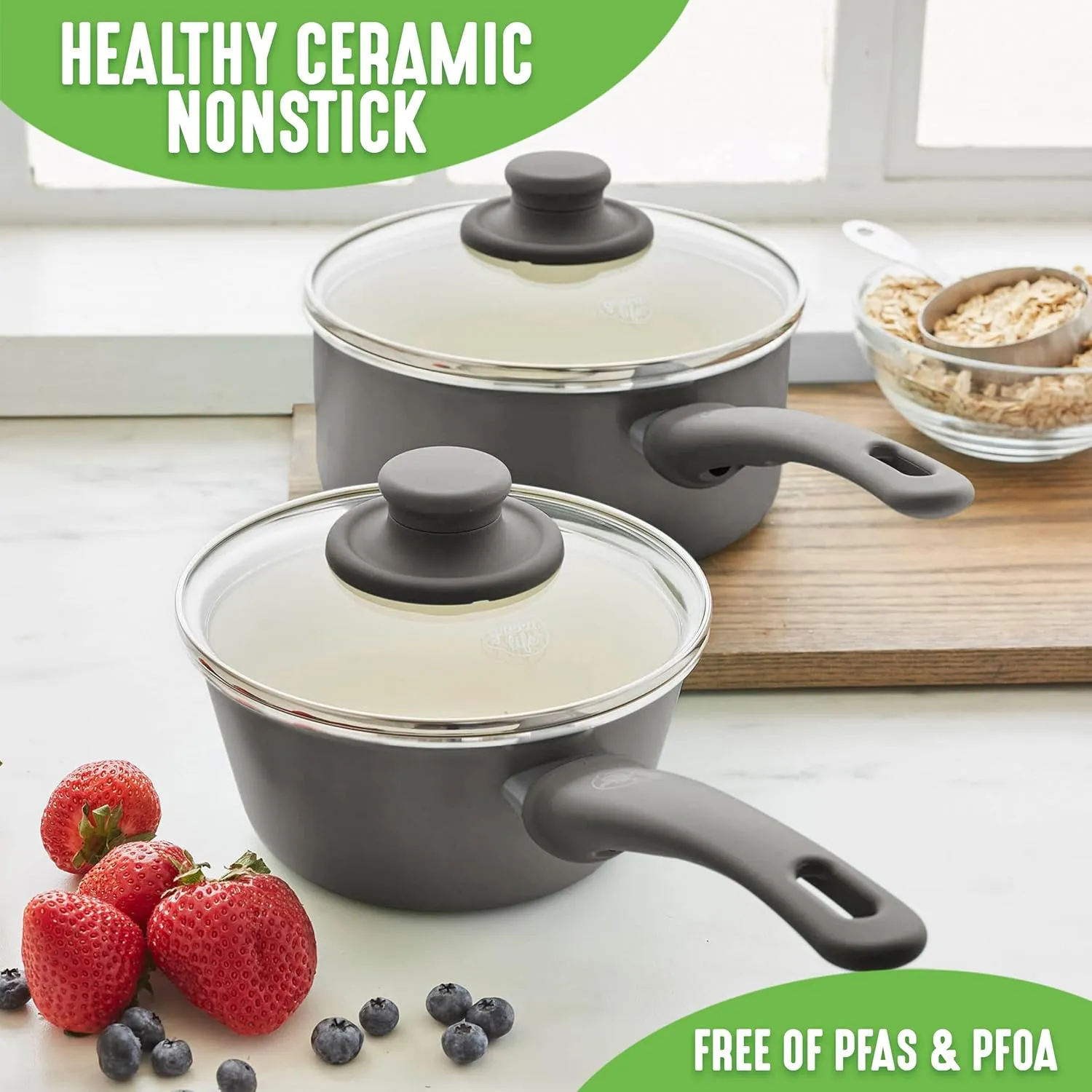 GreenLife Soft Grip 1QT and 2QT Saucepan Set, Non-Toxic PFAS-Free Ceramic Nonstick, Glass Lids, Stay Cool Handles, Wobble Free Base, Dishwasher & Oven Safe, Easy Clean, Multipurpose, Gray