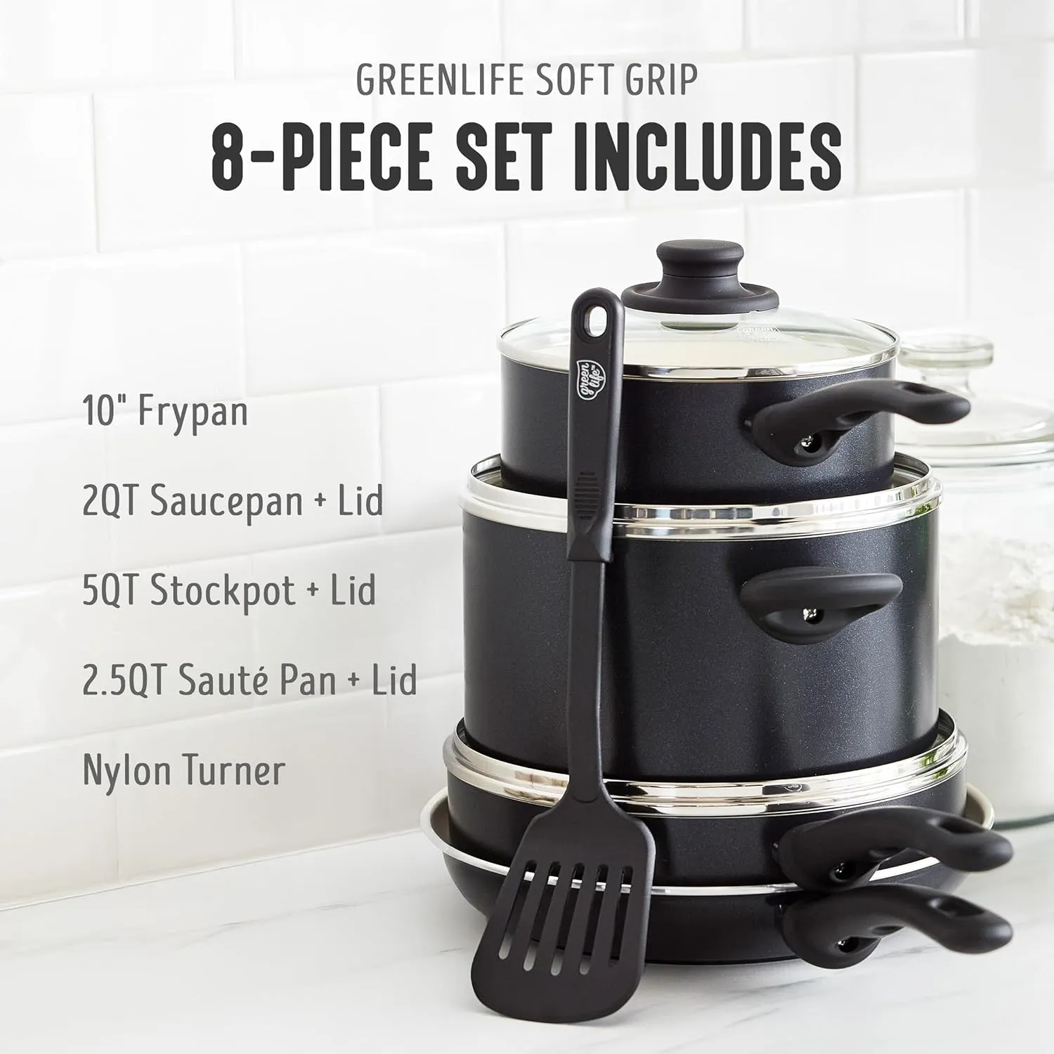 GreenLife Soft Grip 8 Piece Cookware Set, Non-Toxic PFAS-Free Ceramic Nonstick, Frying, Sauce, Sauté, Utensils, Glass Lids, Stay-Cool Handles, Wobble Free, Dishwasher & Oven Safe, Black