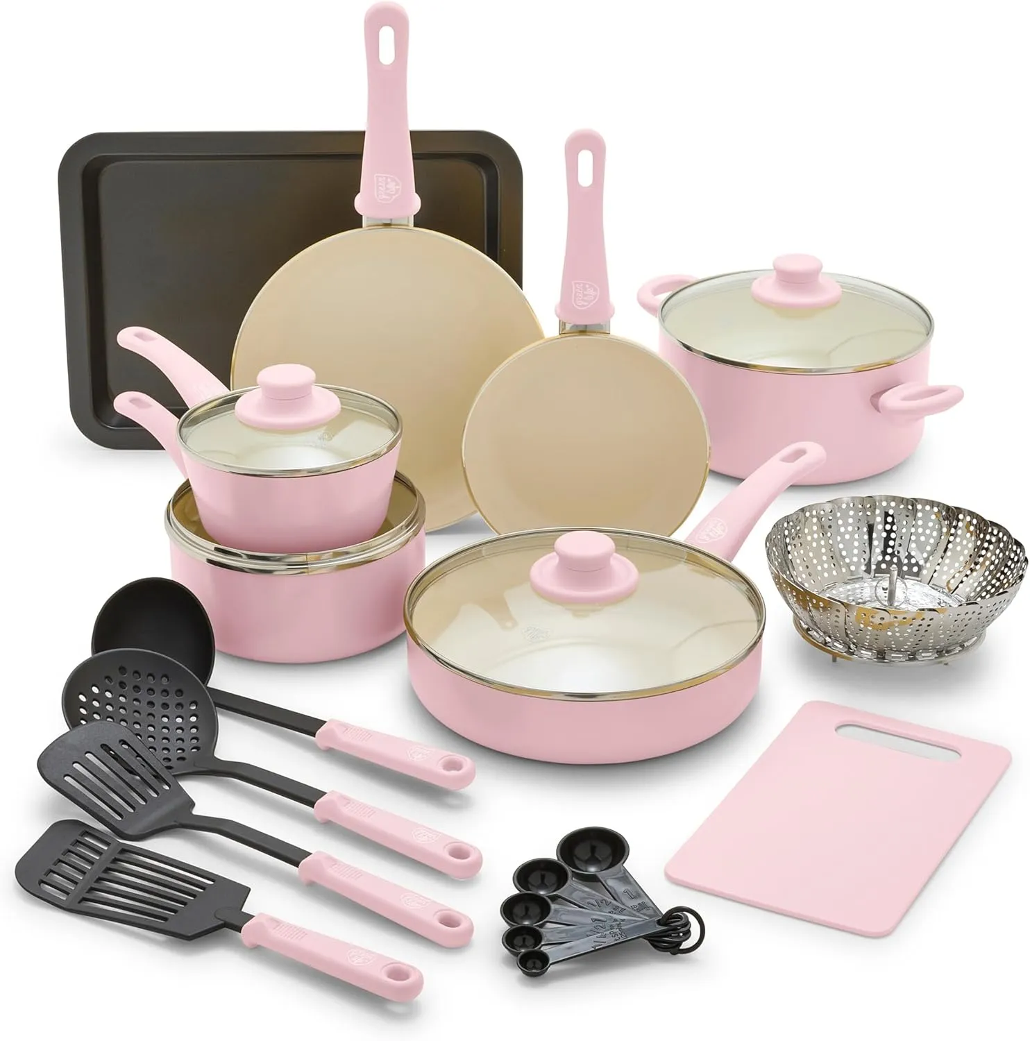 GreenLife Soft Grip Healthy Ceramic Nonstick 18 Piece Kitchen Cookware Pots and Frying Sauce Saute Pans Set, PFAS-Free with Kitchen Utensils and Lid, Dishwasher Safe, Soft Pink