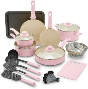 GreenLife Soft Grip Healthy Ceramic Nonstick 18 Piece Kitchen Cookware Pots and Frying Sauce Saute Pans Set, PFAS-Free with Kitchen Utensils and Lid, Dishwasher Safe, Soft Pink