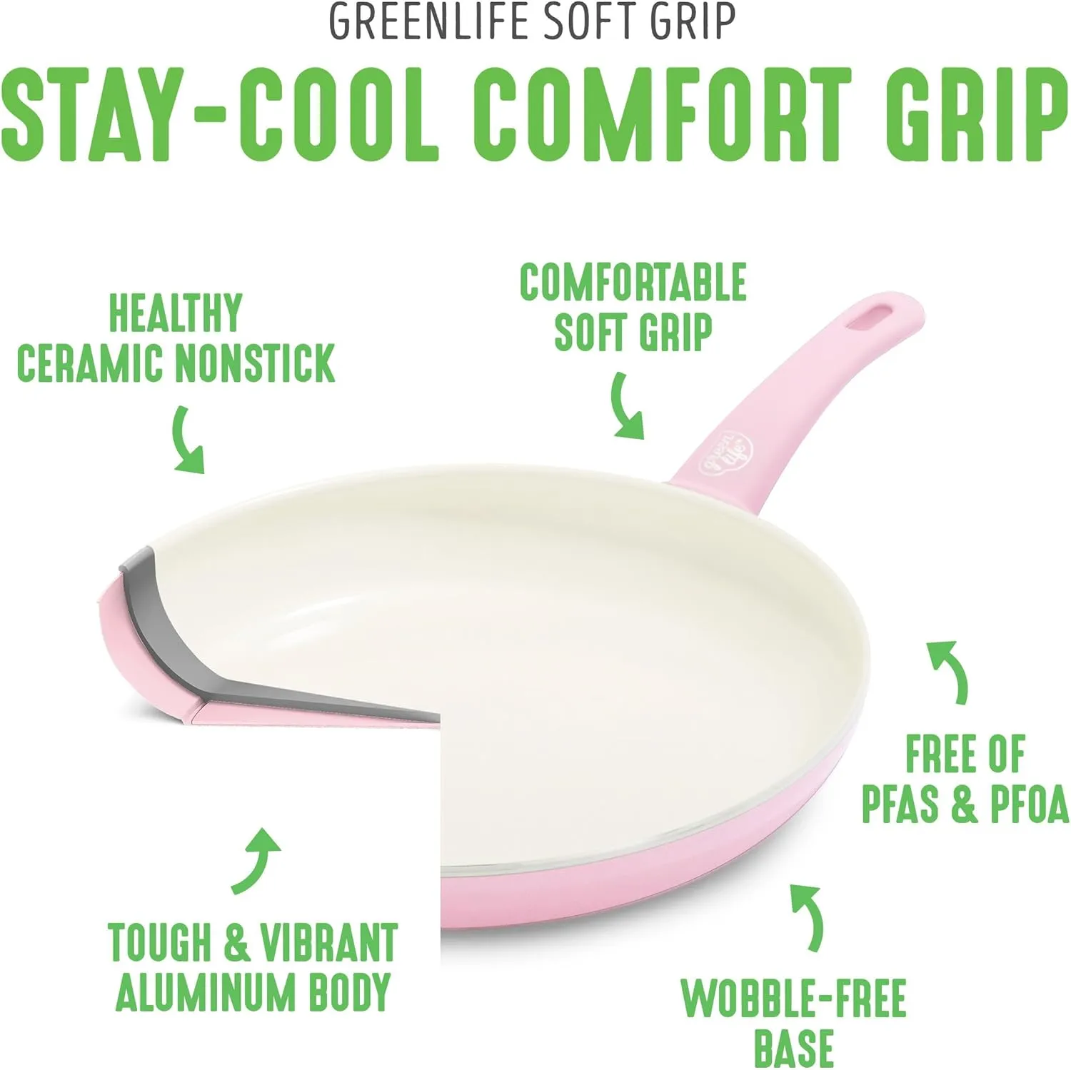 GreenLife Soft Grip Healthy Ceramic Nonstick 18 Piece Kitchen Cookware Pots and Frying Sauce Saute Pans Set, PFAS-Free with Kitchen Utensils and Lid, Dishwasher Safe, Soft Pink