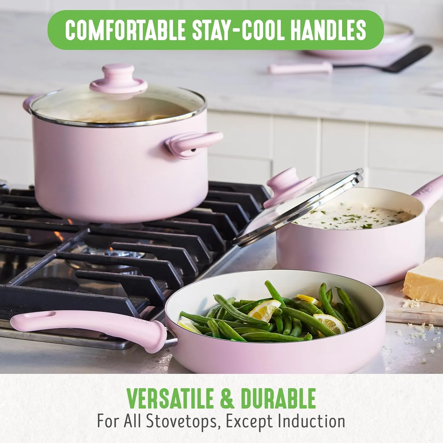 GreenLife Soft Grip Healthy Ceramic Nonstick 18 Piece Kitchen Cookware Pots and Frying Sauce Saute Pans Set, PFAS-Free with Kitchen Utensils and Lid, Dishwasher Safe, Soft Pink