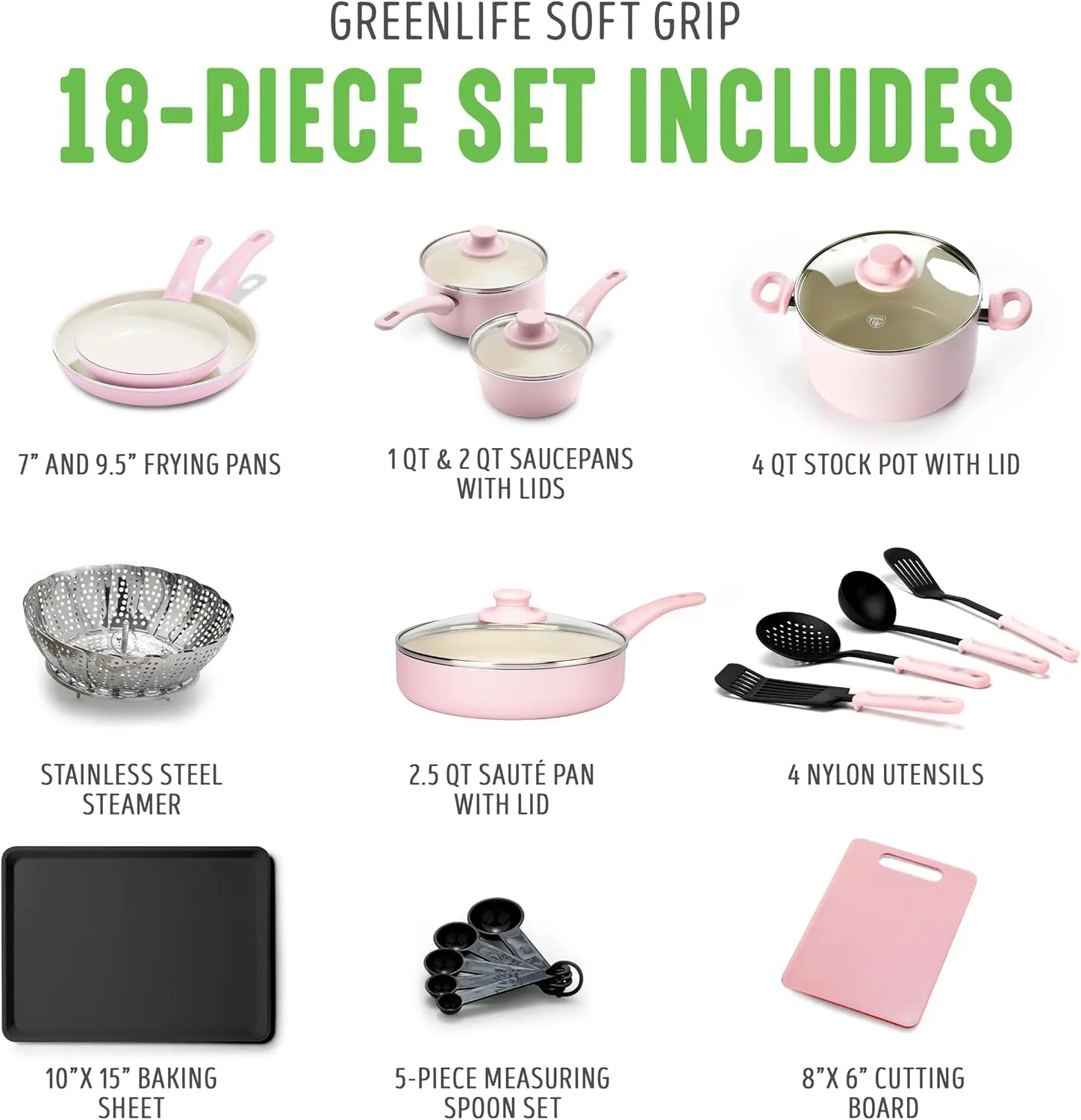 GreenLife Soft Grip Healthy Ceramic Nonstick 18 Piece Kitchen Cookware Pots and Frying Sauce Saute Pans Set, PFAS-Free with Kitchen Utensils and Lid, Dishwasher Safe, Soft Pink