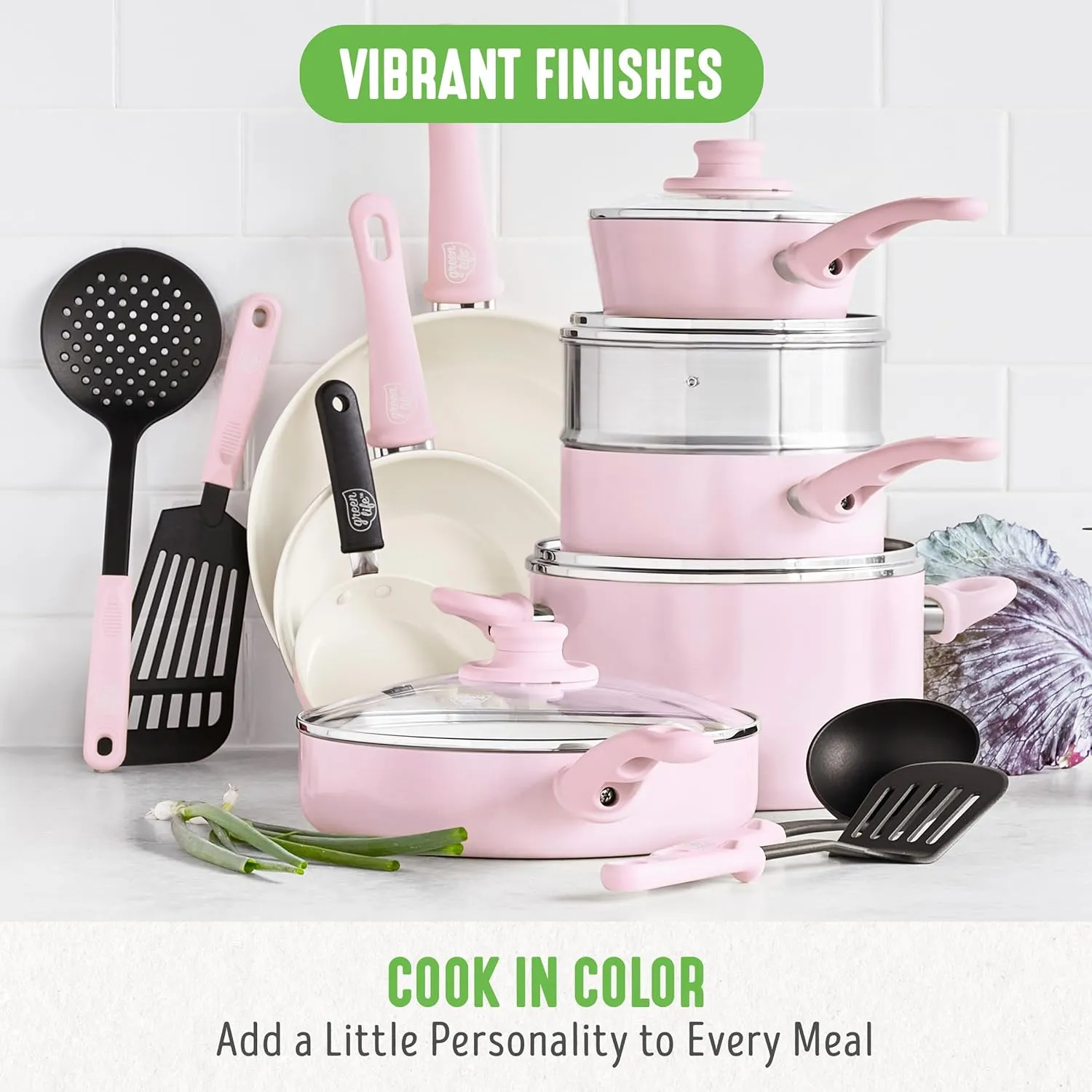GreenLife Soft Grip Healthy Ceramic Nonstick 18 Piece Kitchen Cookware Pots and Frying Sauce Saute Pans Set, PFAS-Free with Kitchen Utensils and Lid, Dishwasher Safe, Soft Pink