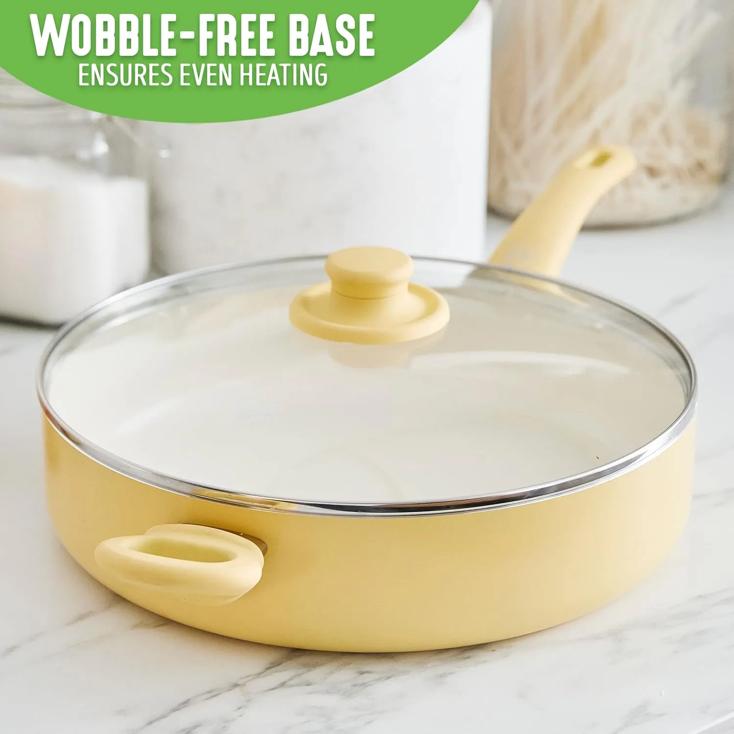 Greenlife Soft Grip Healthy Ceramic Nonstick, 5QT Saute Pan Jumbo Cooker with Helper Handle and Lid, PFAS-Free, Dishwasher Safe, Yellow