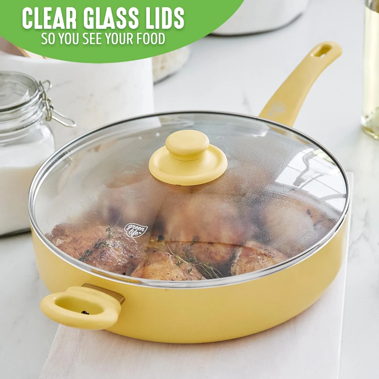Greenlife Soft Grip Healthy Ceramic Nonstick, 5QT Saute Pan Jumbo Cooker with Helper Handle and Lid, PFAS-Free, Dishwasher Safe, Yellow