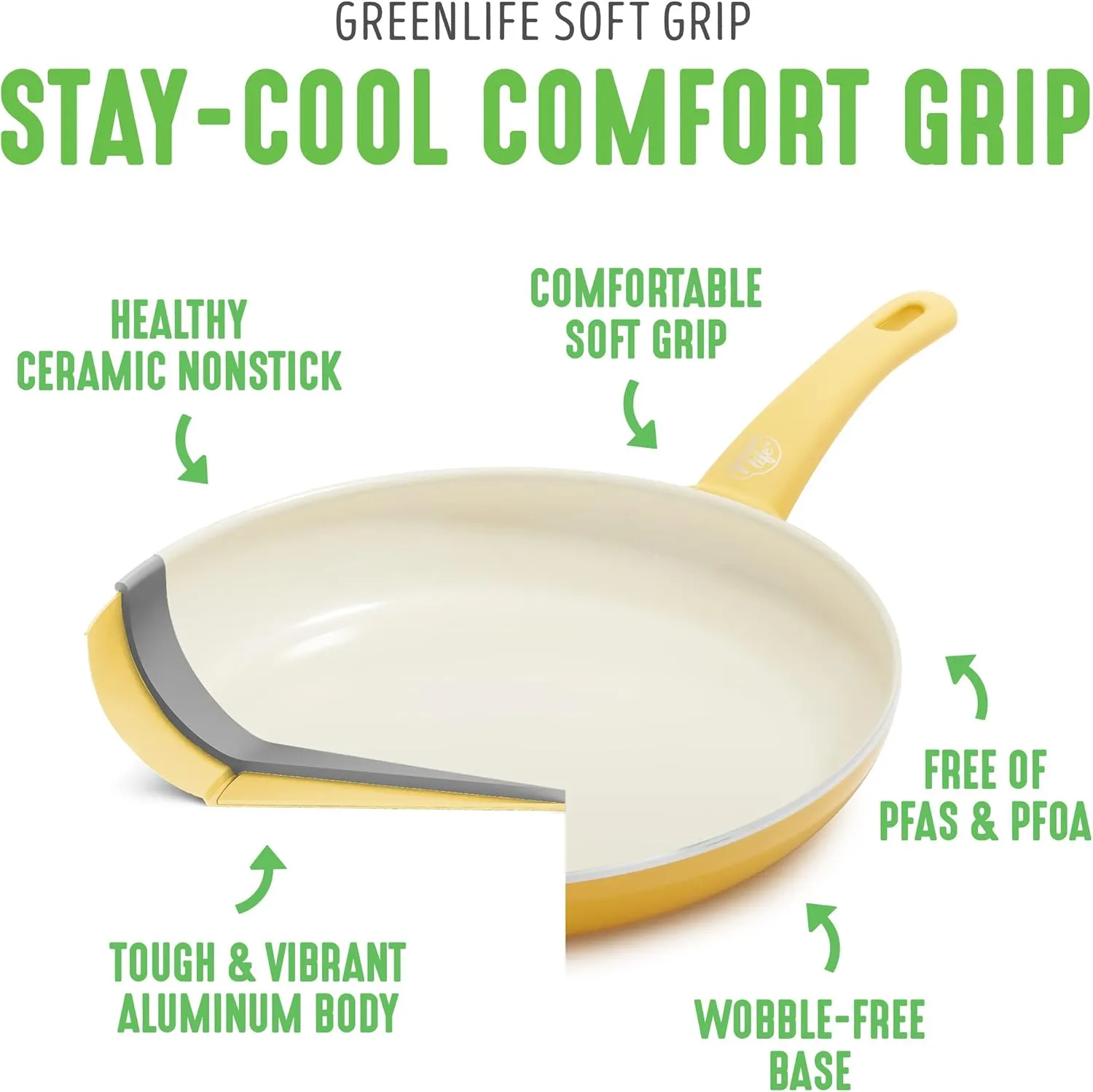 Greenlife Soft Grip Healthy Ceramic Nonstick, 5QT Saute Pan Jumbo Cooker with Helper Handle and Lid, PFAS-Free, Dishwasher Safe, Yellow