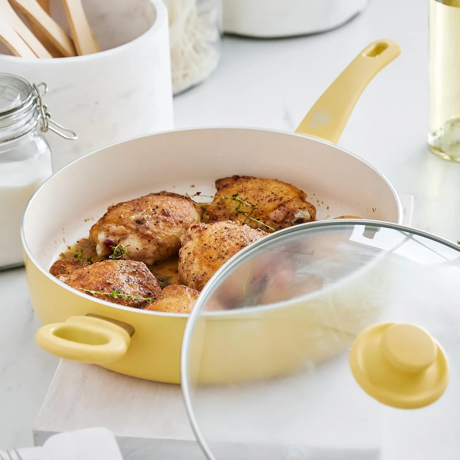 Greenlife Soft Grip Healthy Ceramic Nonstick, 5QT Saute Pan Jumbo Cooker with Helper Handle and Lid, PFAS-Free, Dishwasher Safe, Yellow