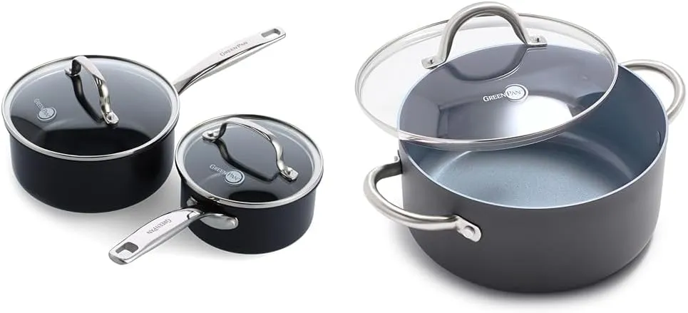 GreenPan Chatham Black Prime Midnight Hard Anodized Healthy Ceramic Nonstick & Lima Hard Anodized Healthy Ceramic Nonstick 5QT Stock Pot with Lid, PFAS-Free, Oven Safe