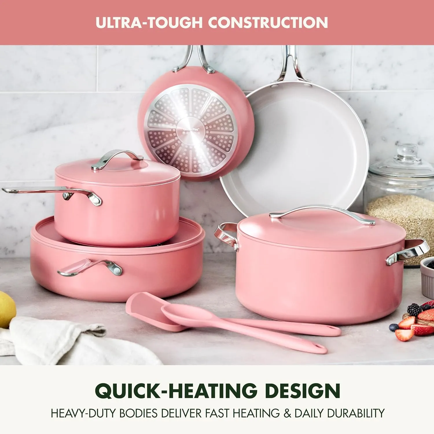 GreenPan Nova 10-Piece Cookware Pots and Pans Set, Oprah’s Favorite Things 2024, PFAS-Free Ceramic Nonstick, Fry, Sauté, Stockpot, Utensils, Lids, Induction Suitable, Dishwasher, Oven Safe, Coral