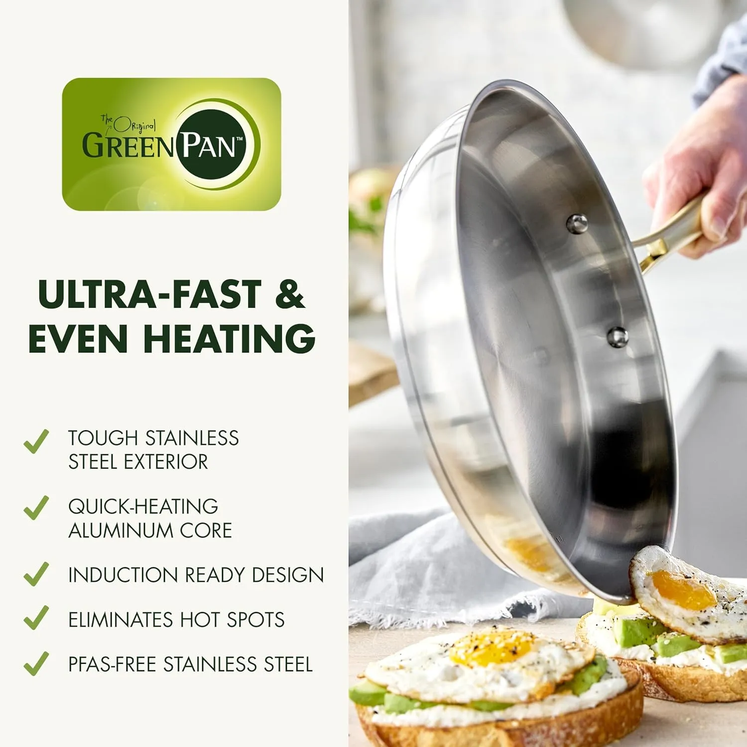 GreenPan Swift 11 Piece Stainless Steel Cookware Set, Non-Toxic PFAS-Free, Induction Safe Kitchen Pots & Pans, Interior Measurement Markings, Gold Handles & Lids, Steamer, Oven Safe, Silver